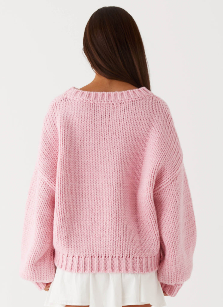 Womens Costella Knit Sweater in the colour Pink in front of a light grey background