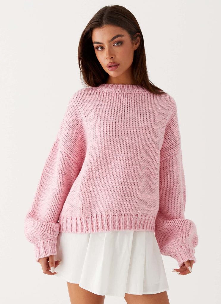 Womens Costella Knit Sweater in the colour Pink in front of a light grey background