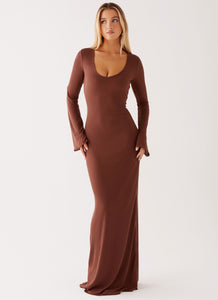 Womens Cosy Days Long Sleeve Maxi Dress in the colour Brown in front of a light grey background