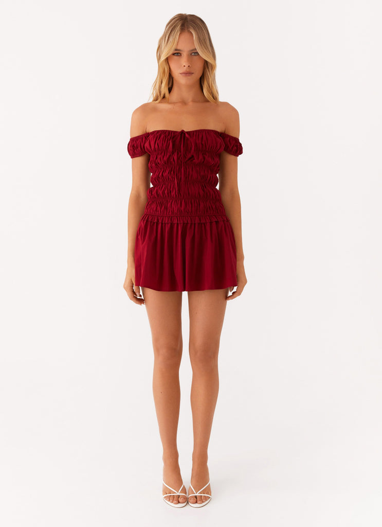 Countryside Off Shoulder Mini Dress - Deep Red