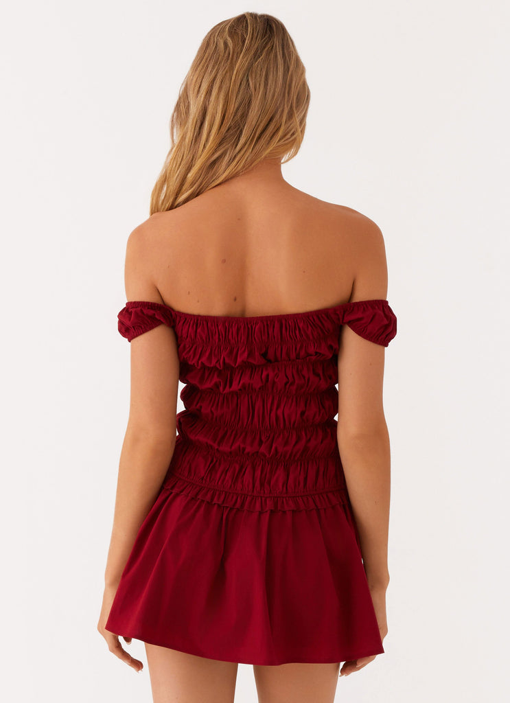 Countryside Off Shoulder Mini Dress - Deep Red