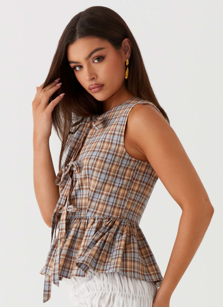 Womens Cyrene Tie Top in the colour Brown Check in front of a light grey background