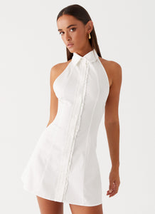 Womens Dallas Collared Mini Dress in the colour White in front of a light grey background