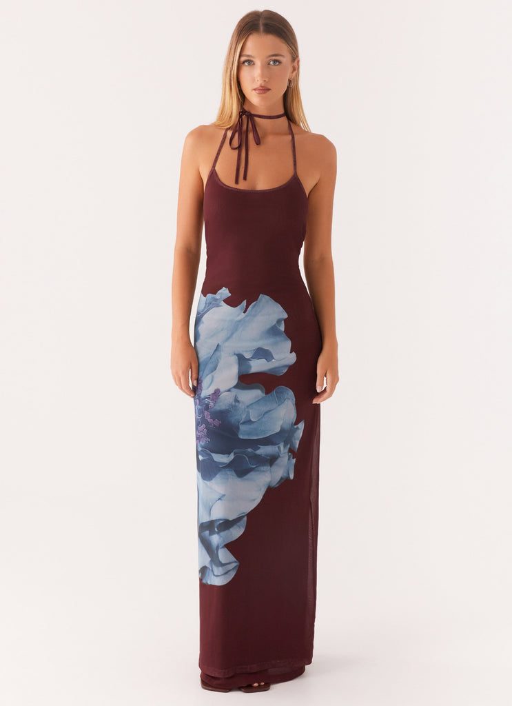 Dayana Halterneck Maxi Dress - Maroon Print