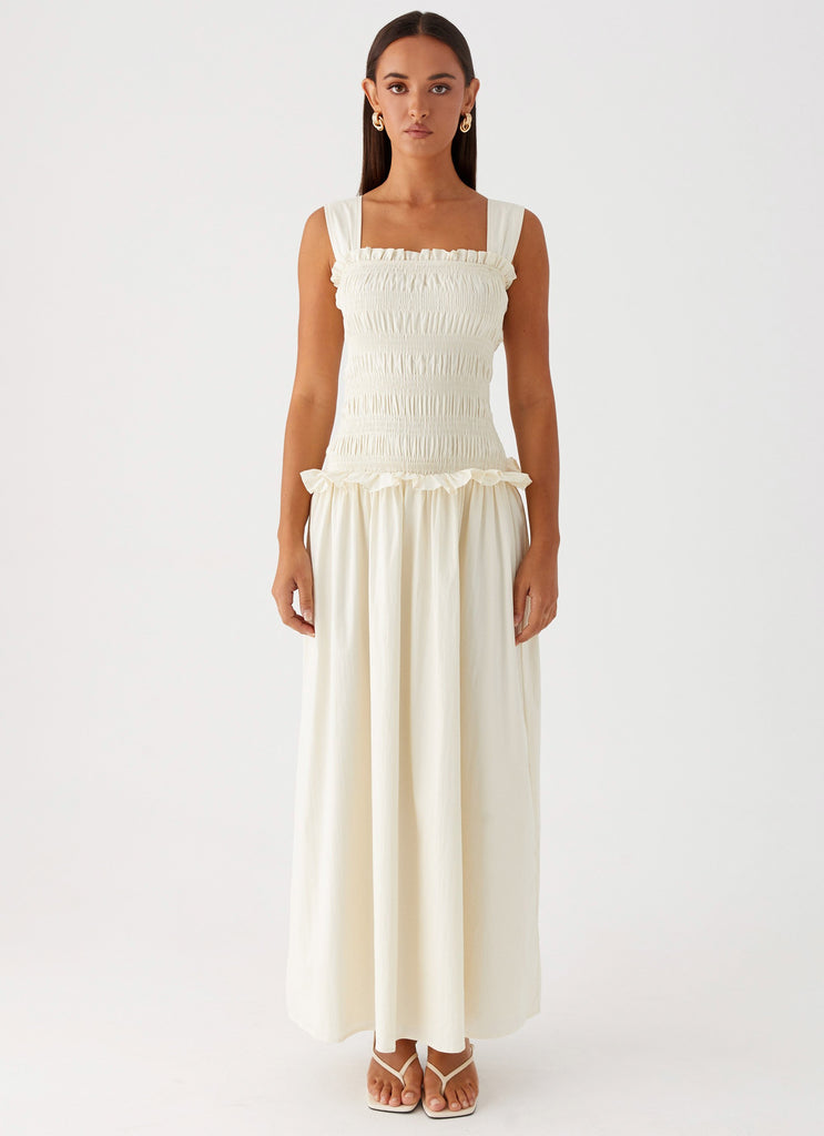 Womens Deana Shirred Maxi Dress in the colour White in front of a light grey background