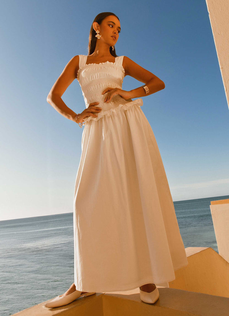 Womens Deana Shirred Maxi Dress in the colour White in front of a light grey background