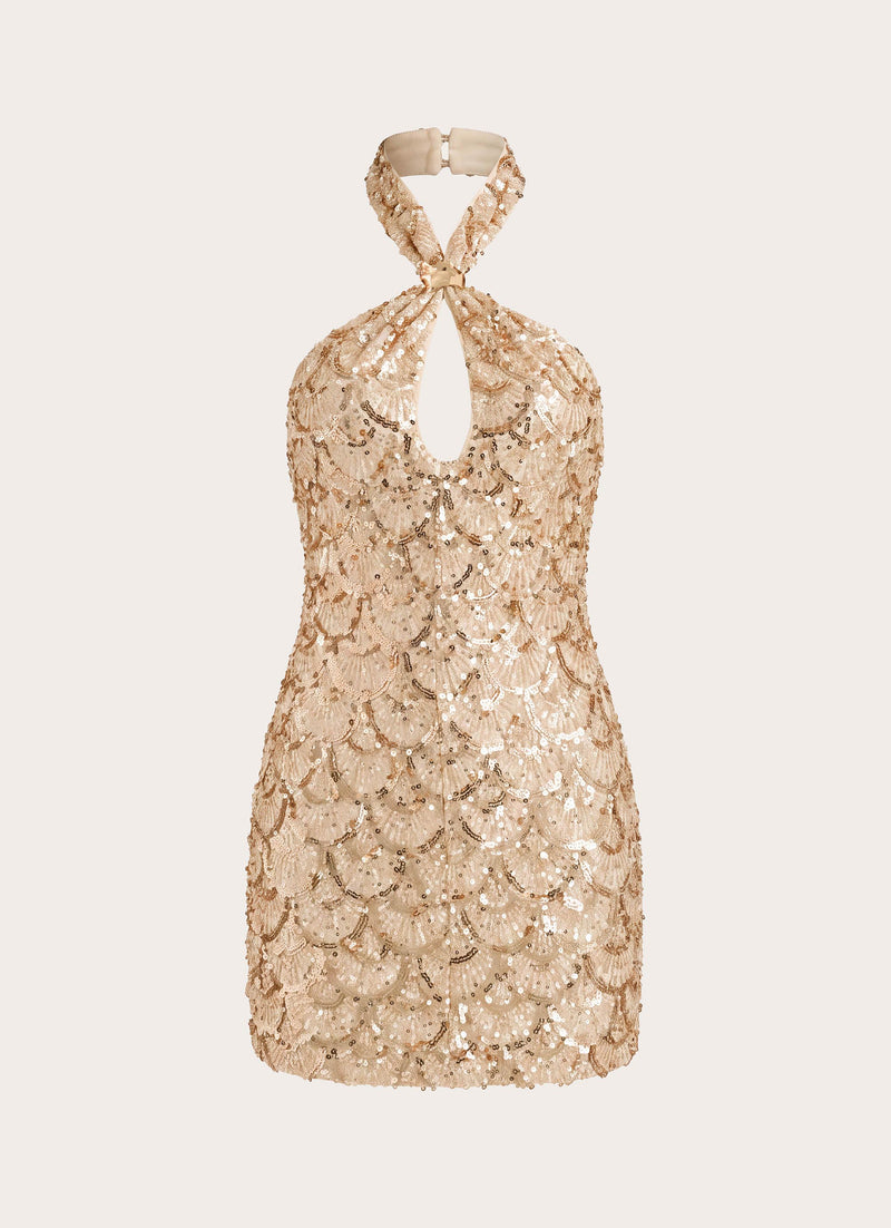 Deline Embellished Halter Mini Dress - Gold