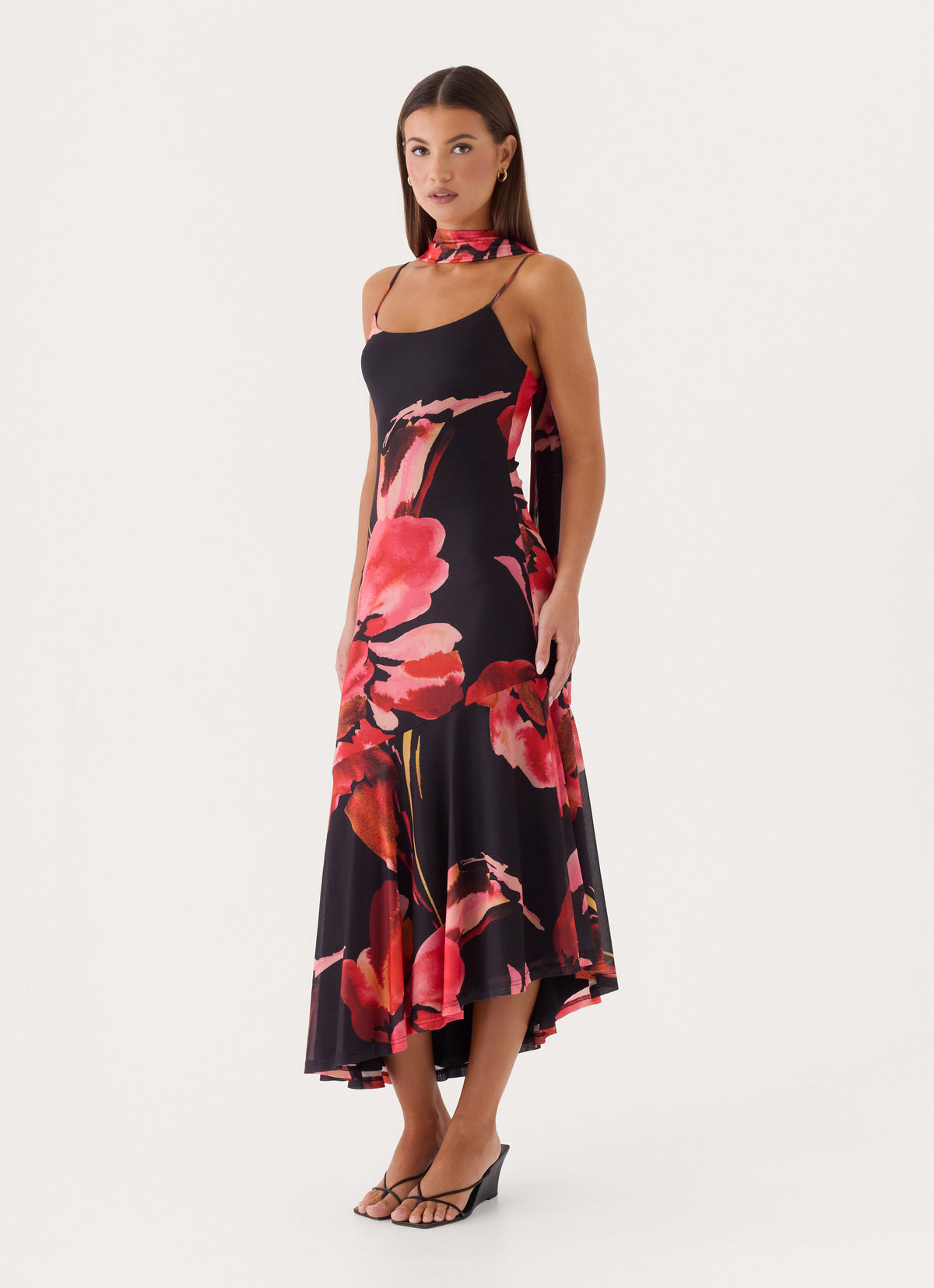 Demitra Midi Dress - Black Floral Print