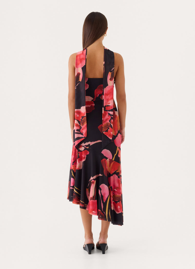 Demitra Midi Dress - Black Floral Print