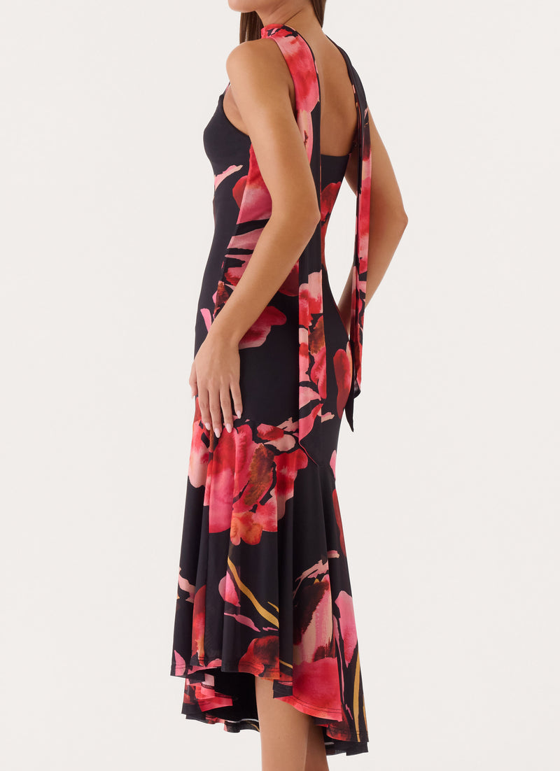 Demitra Midi Dress - Black Floral Print