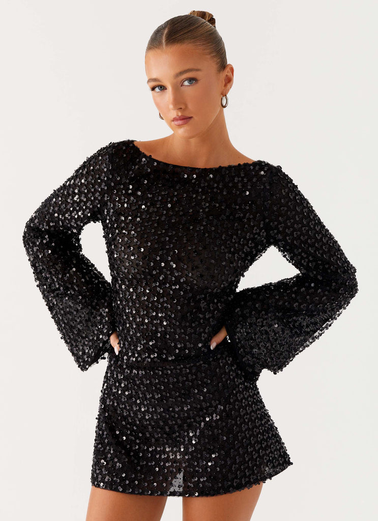 black sequin dress nz Marienne Black Velvet Sequin Long Sleeve Mini Dress