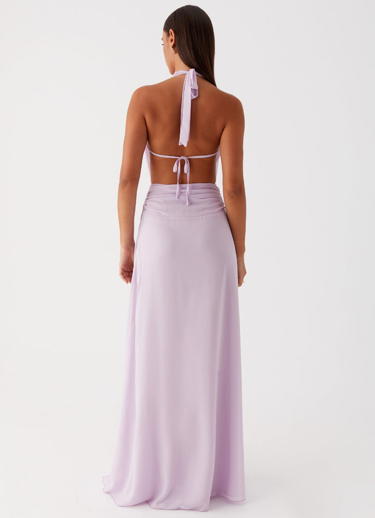 Womens Elysia Chiffon Maxi Dress in the colour Lilac in front of a light grey background