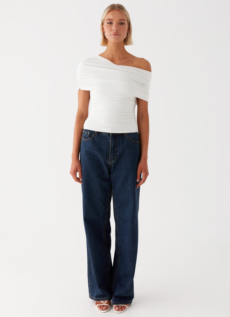 Womens Gabbie Off Shoulder Top in the colour White in front of a light grey background