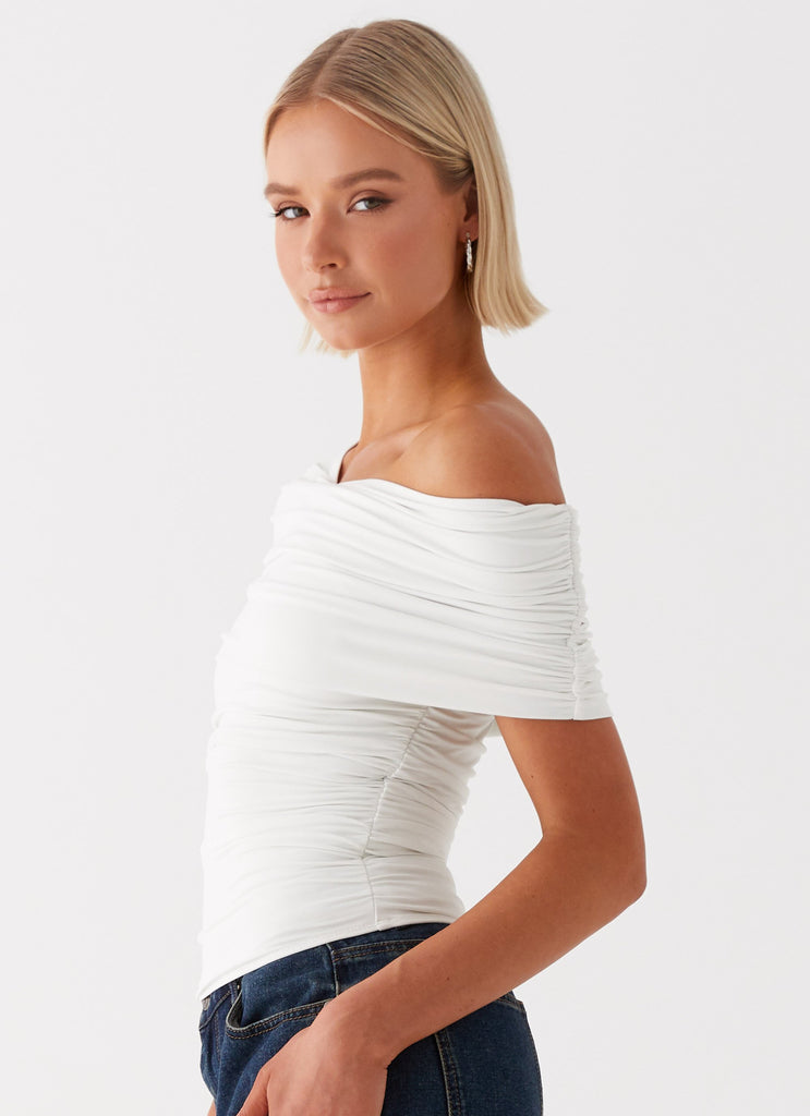 Womens Gabbie Off Shoulder Top in the colour White in front of a light grey background