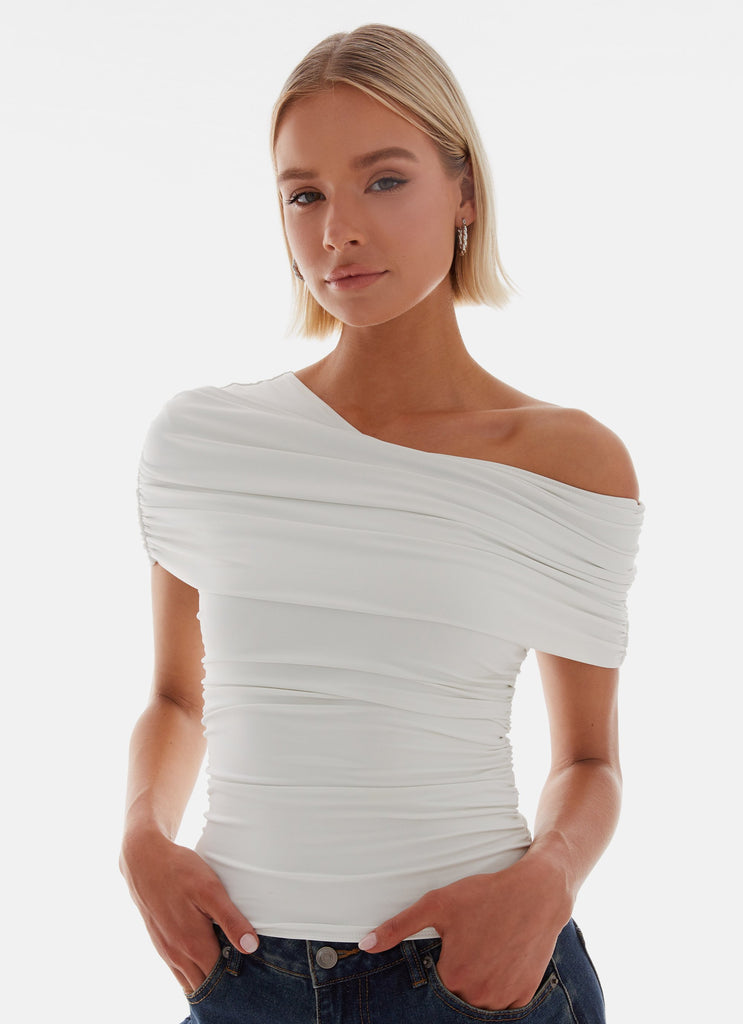 Womens Gabbie Off Shoulder Top in the colour White in front of a light grey background