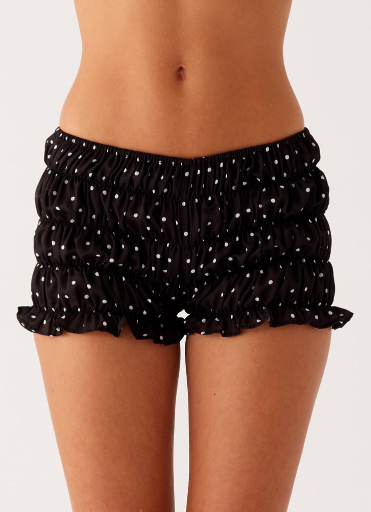 Girls Like Us Ruched Mini Shorts Black Polka Dot – Peppermayo