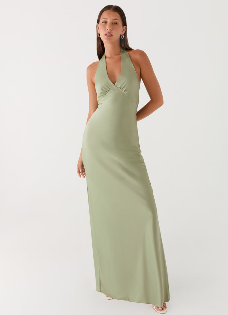 Heavy Hearted Satin Maxi Dress - Sage