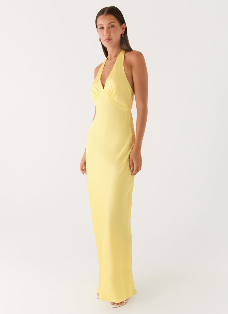 Heavy Hearted Satin Maxi Dress - Lemon