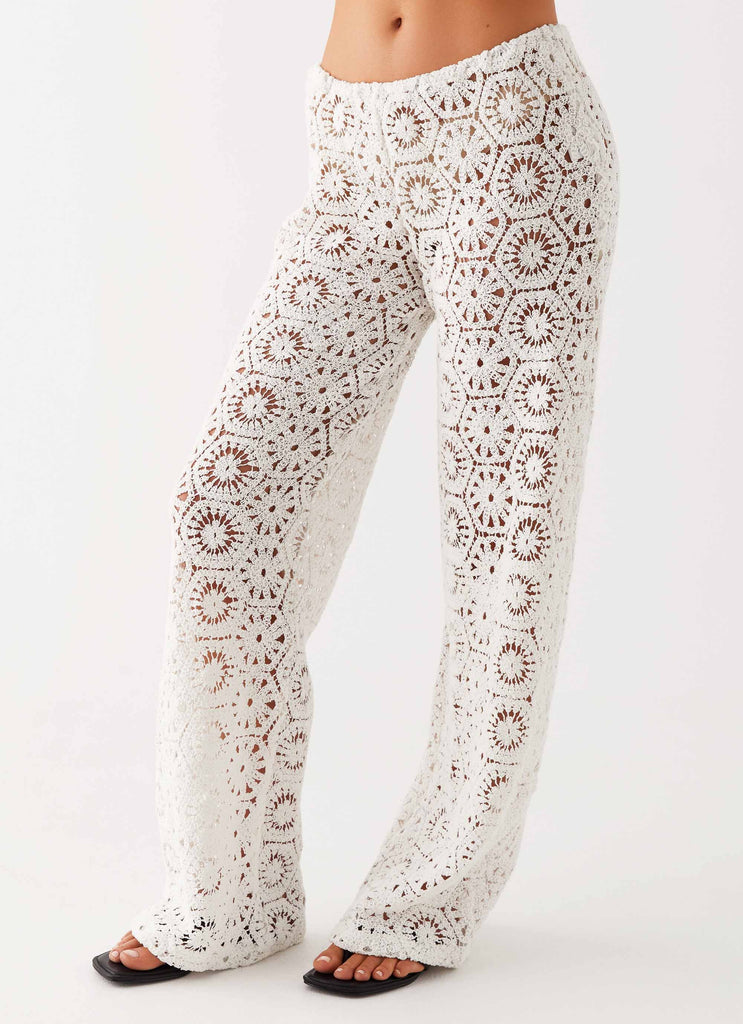 Womens Ibiza Crochet Pants in the colour Ivory in front of a light grey background