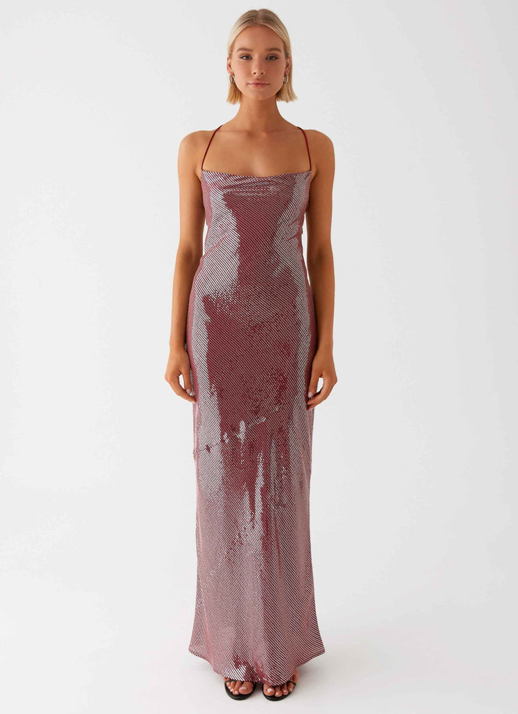 Womens Jada Sequin Maxi Dress in the colour Red in front of a light grey background