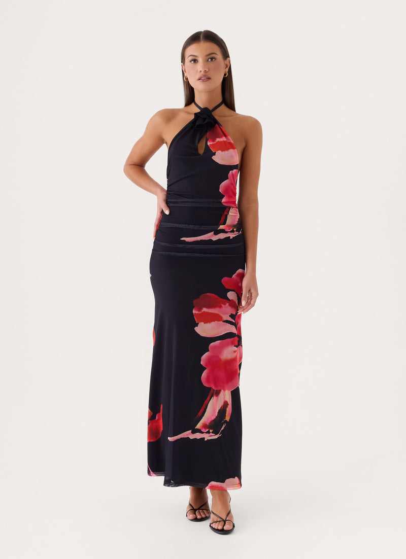 Janete Floral Halter Maxi Dress - Black Floral Print