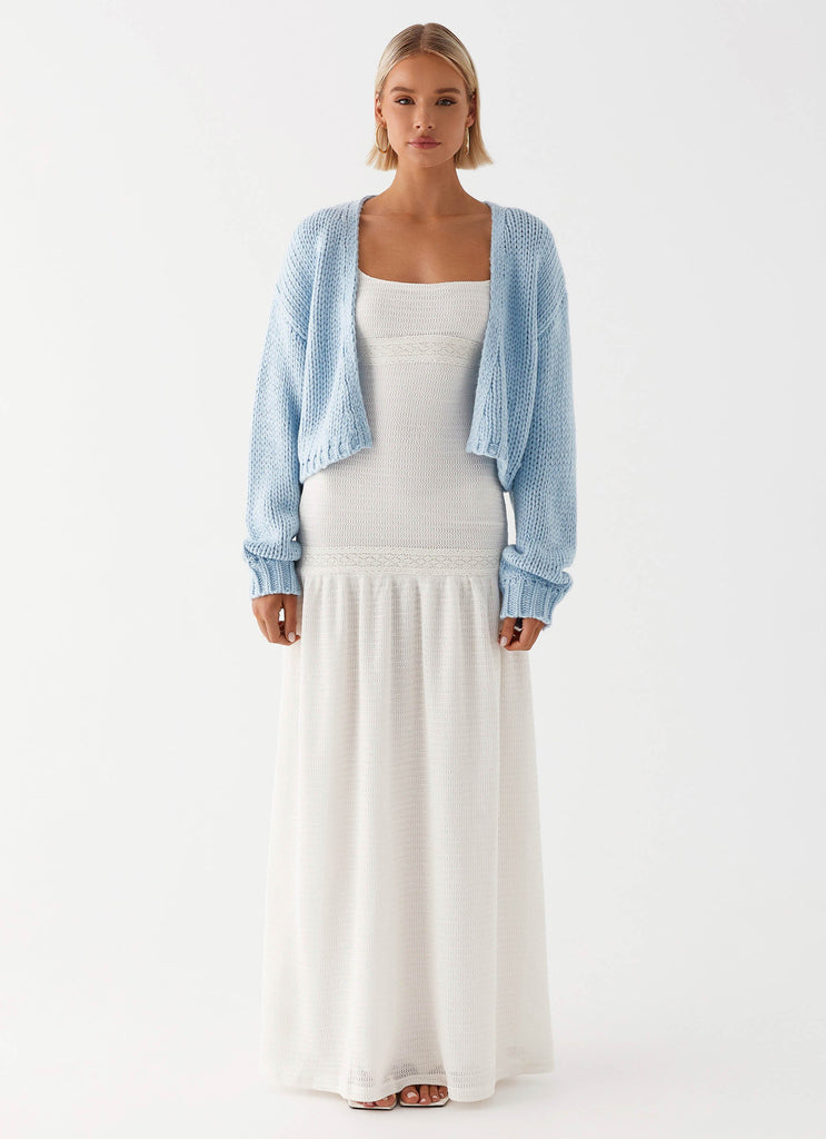 Womens Jasleen Knit Cardigan in the colour Blue in front of a light grey background