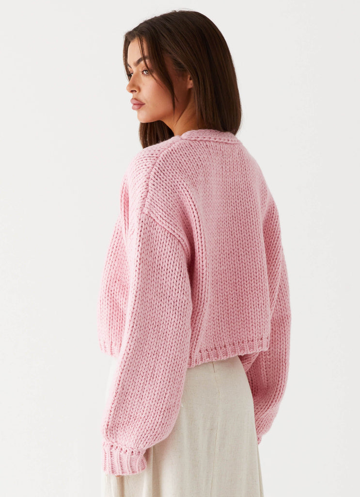 Womens Jasleen Knit Cardigan in the colour Pink in front of a light grey background