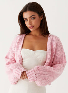 Womens Jasleen Knit Cardigan in the colour Pink in front of a light grey background