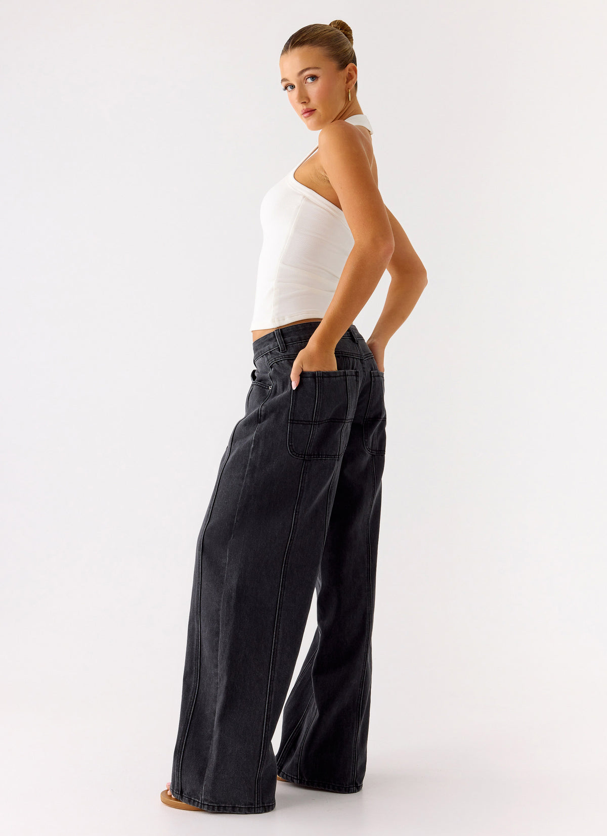 Johnny Low Rise Wide Leg Denim Jeans - Grey Charcoal