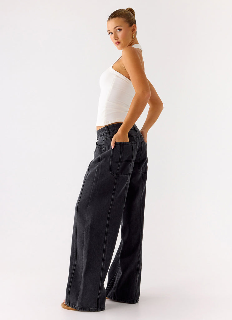 Johnny Low Rise Wide Leg Jeans - Grey Charcoal