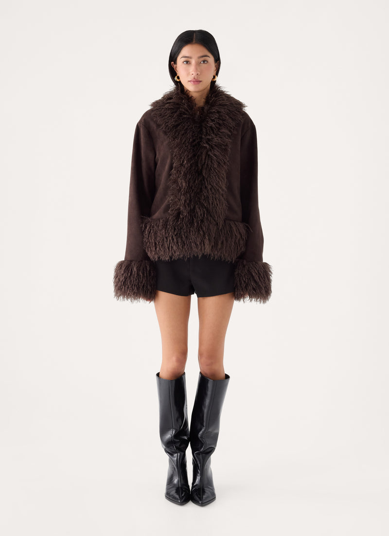 Kamsy Fur Trim Coat - Chocolate