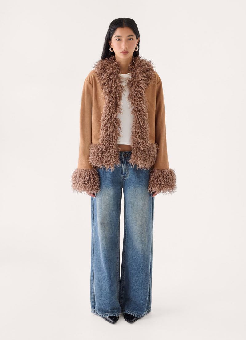 Kamsy Faux Fur Trim Coat - Tan