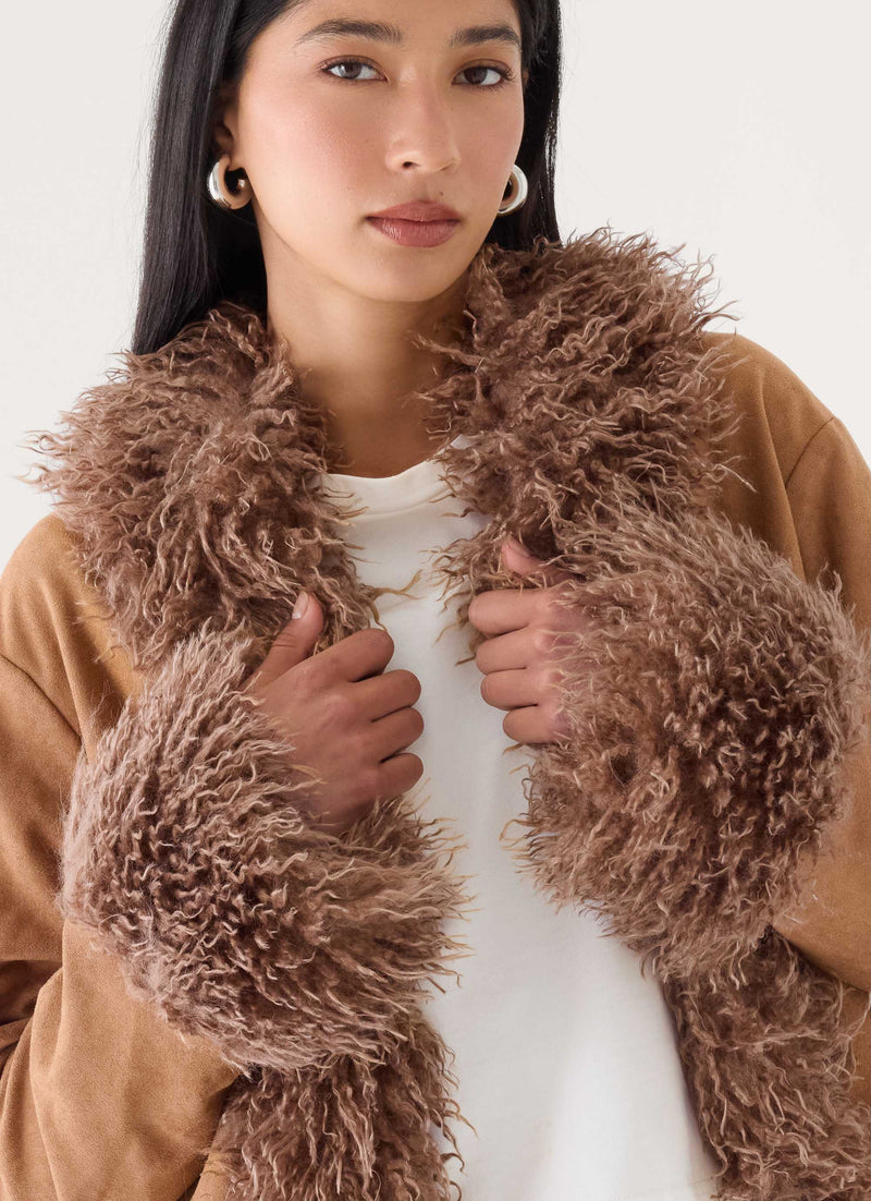 Kamsy Faux Fur Trim Coat - Tan