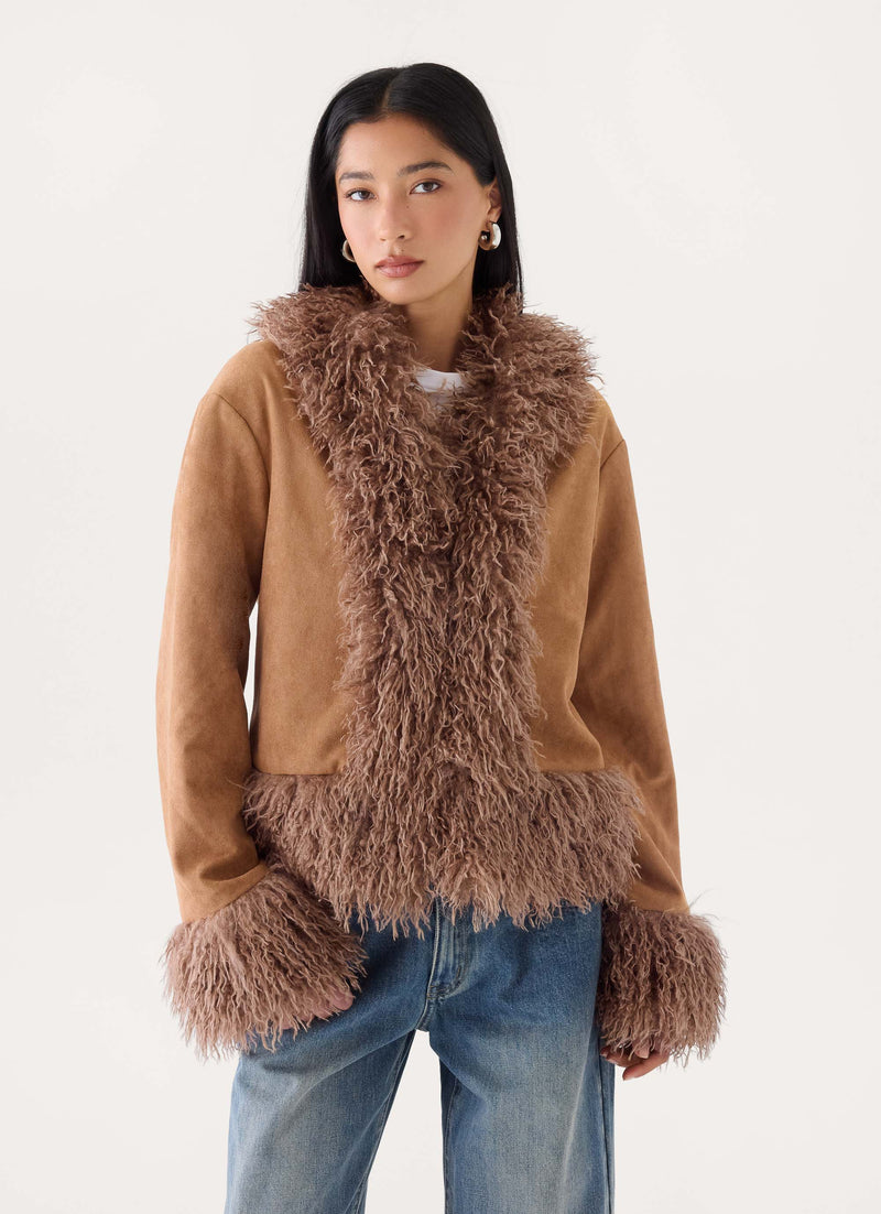 Kamsy Faux Fur Trim Coat - Tan