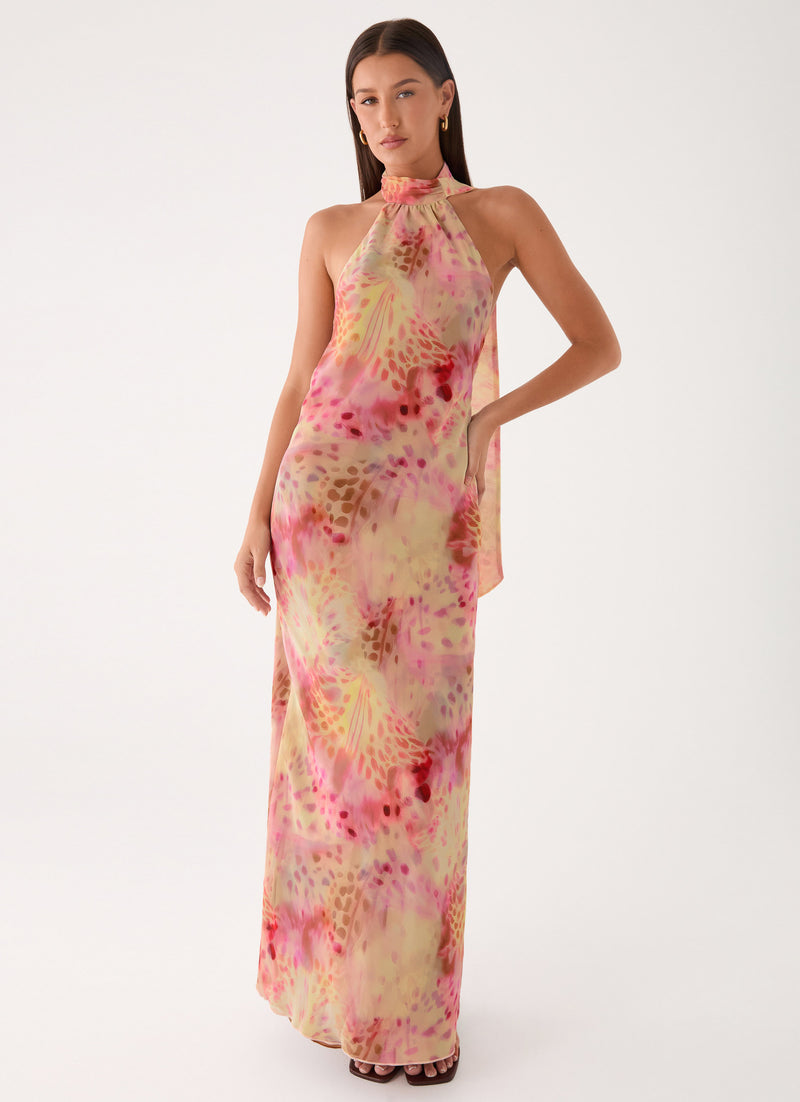 Keena Chiffon Scarf Maxi Dress - Botanic Cheetah