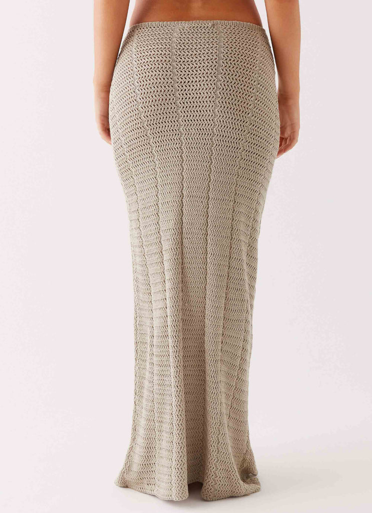 Womens Kelcie Rose Crochet Maxi Skirt in the colour Sage in front of a light grey background