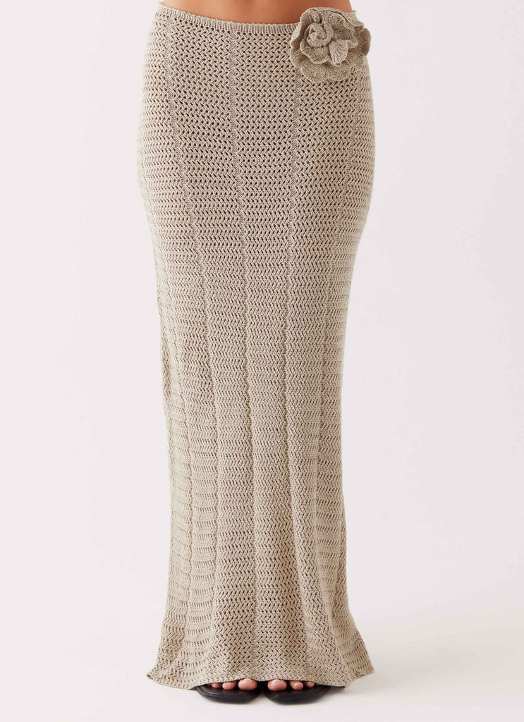 Womens Kelcie Rose Crochet Maxi Skirt in the colour Sage in front of a light grey background