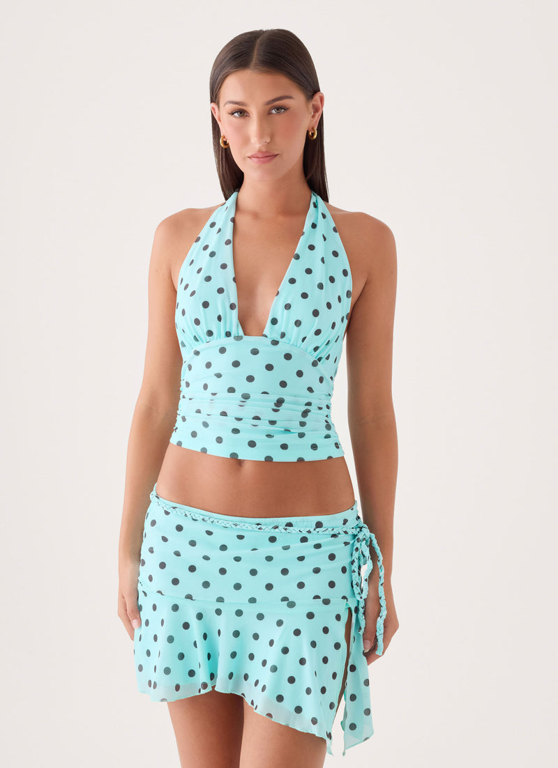 Kerrie Halter Top - Aqua Polka Dot