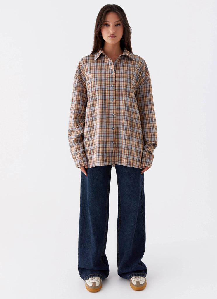 Womens Kyla Oversized Button Up Shirt in the colour Check in front of a light grey background