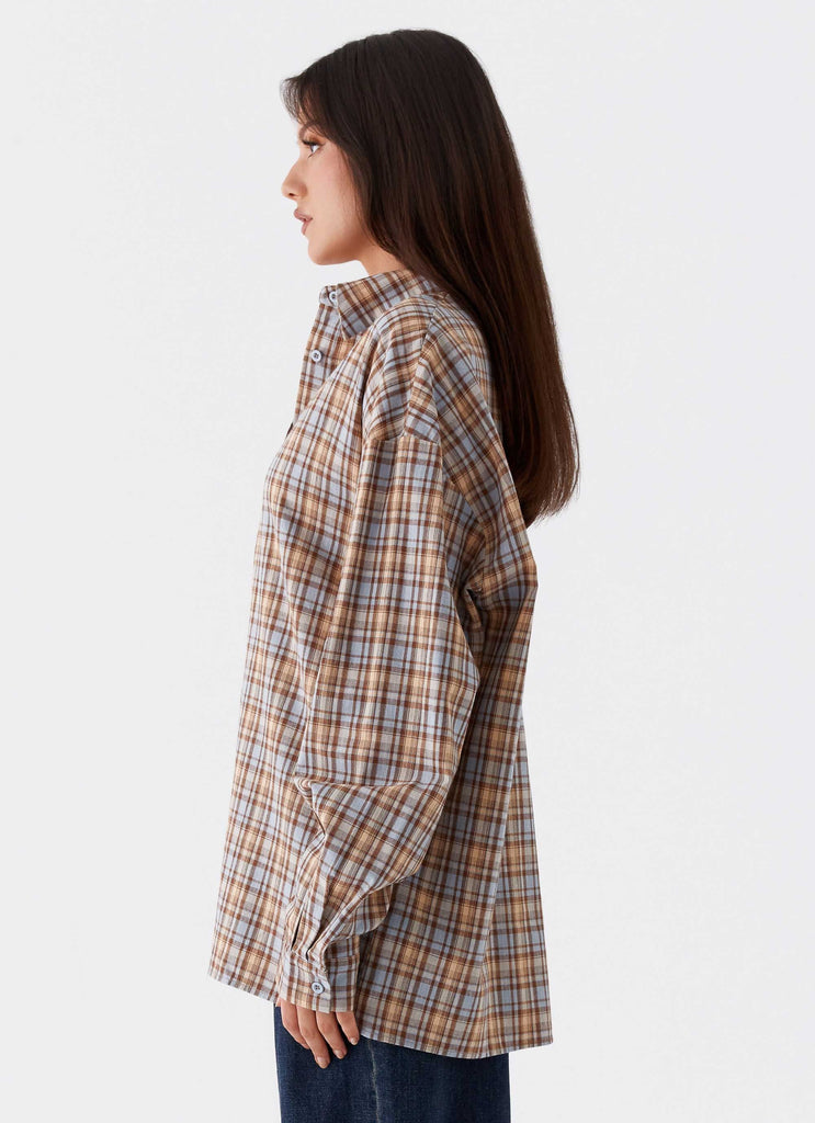 Womens Kyla Oversized Button Up Shirt in the colour Check in front of a light grey background