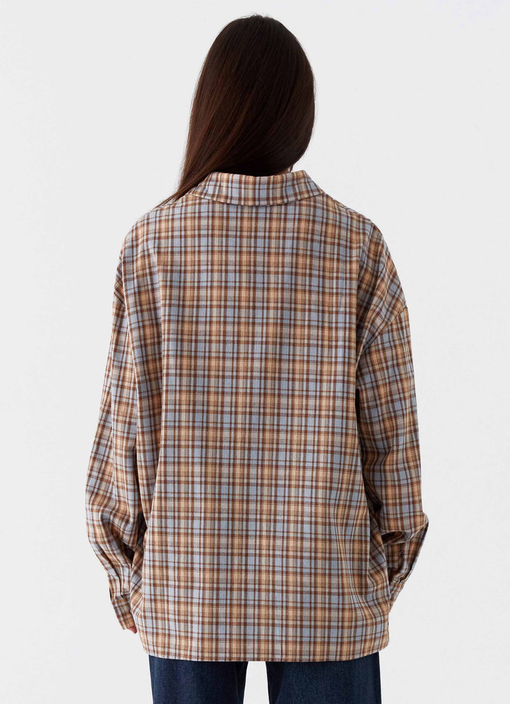 Womens Kyla Oversized Button Up Shirt in the colour Check in front of a light grey background