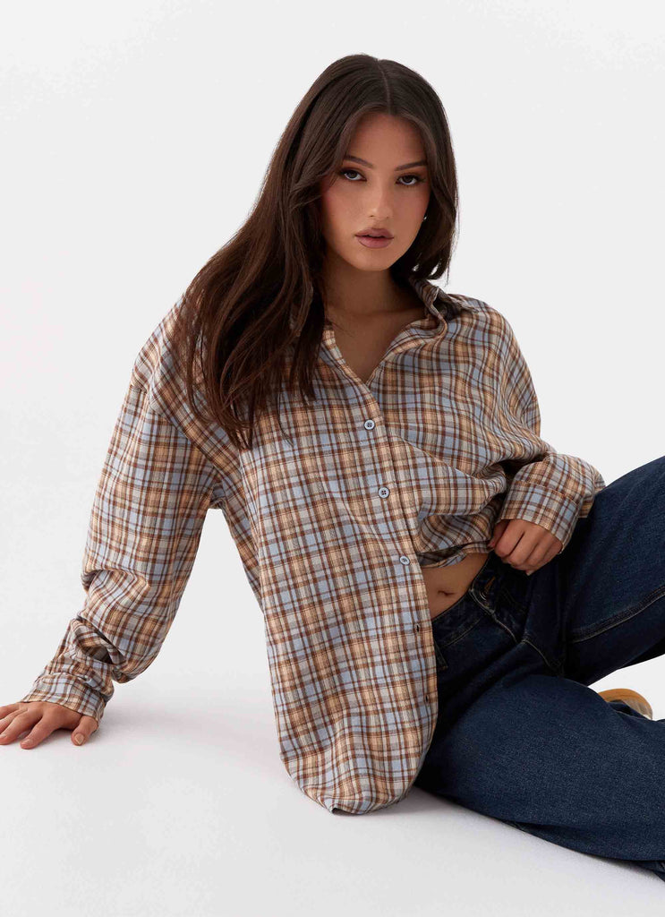 Womens Kyla Oversized Button Up Shirt in the colour Check in front of a light grey background