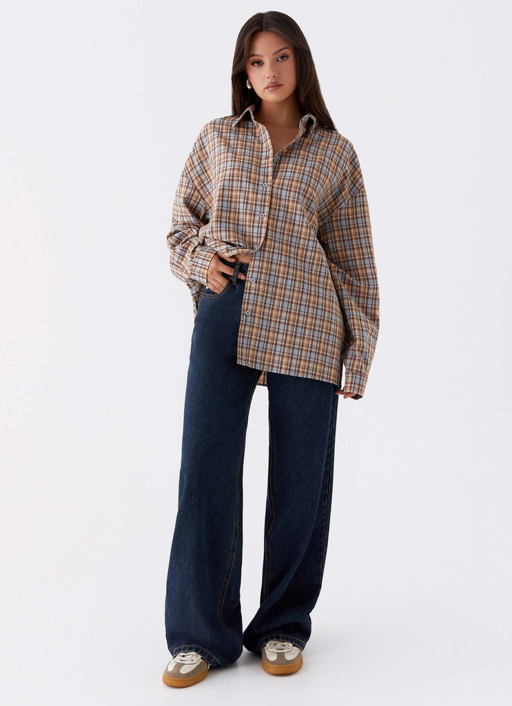 Womens Kyla Oversized Button Up Shirt in the colour Check in front of a light grey background