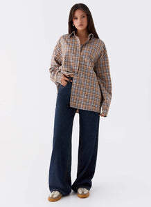Womens Kyla Oversized Button Up Shirt in the colour Check in front of a light grey background