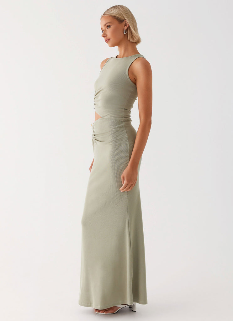 Womens Lennox Maxi Dress in the colour Sage in front of a light grey background