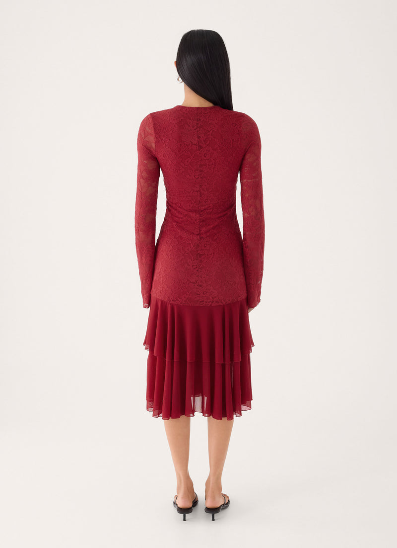 Lenora Lace Midi Dress - Fire Red