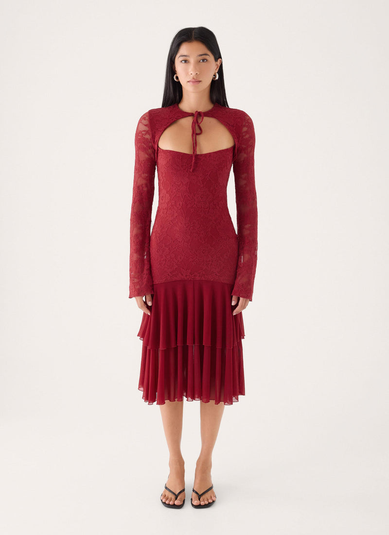 Lenora Lace Midi Dress - Fire Red