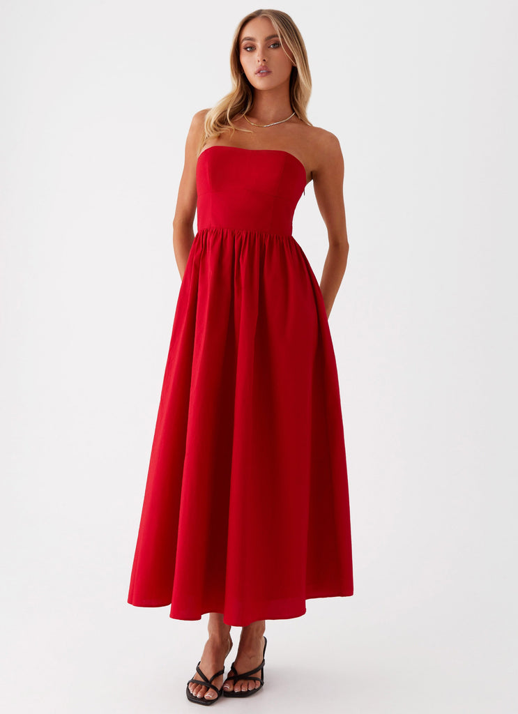 Womens Love Me Later Midi Dress in the colour Red in front of a light grey background