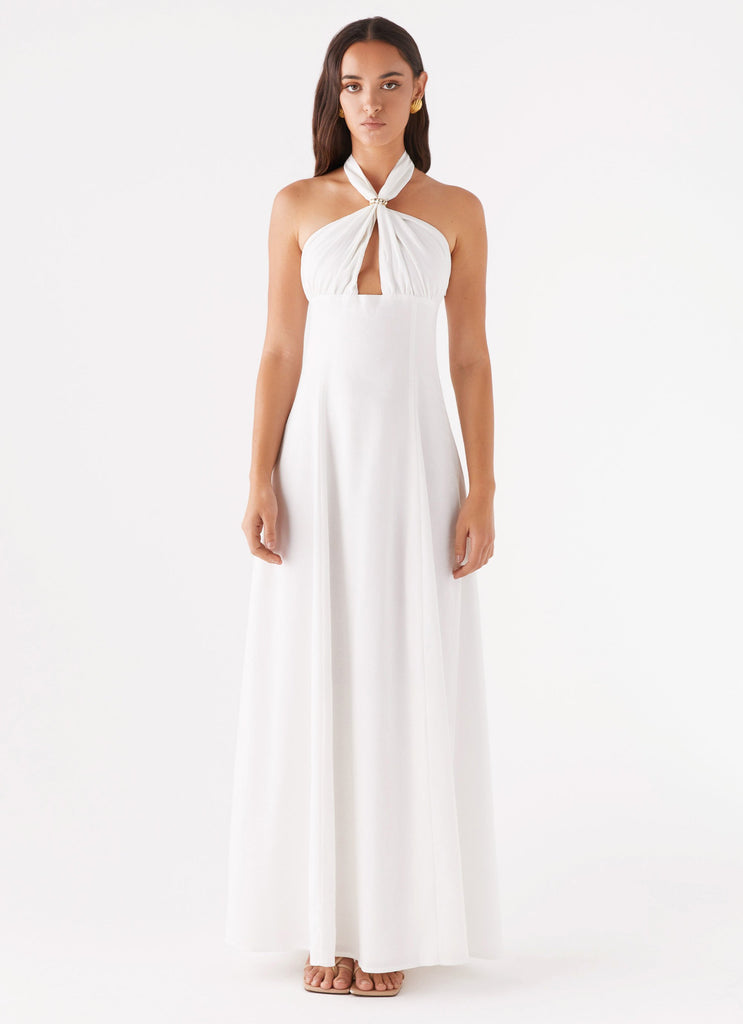 Womens Maison Linen Maxi Dress in the colour White in front of a light grey background