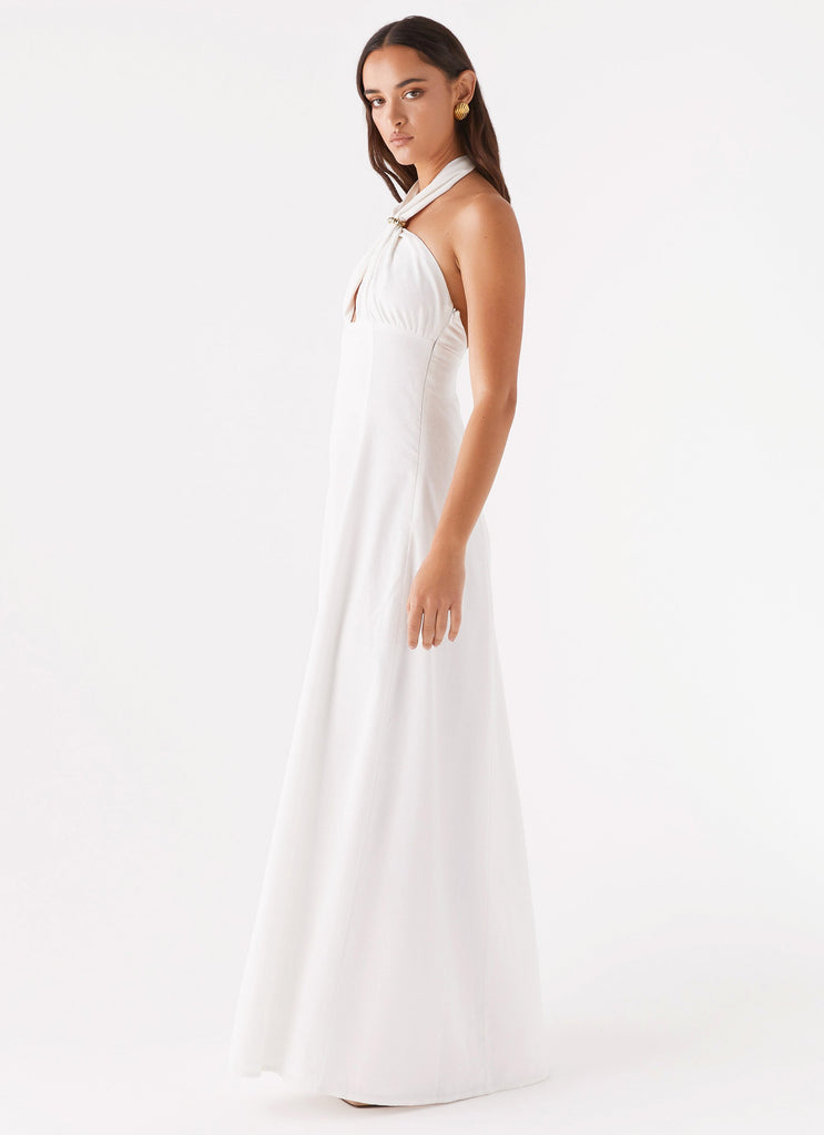 Womens Maison Linen Maxi Dress in the colour White in front of a light grey background